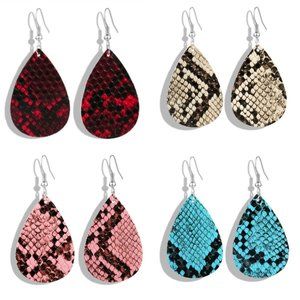 4x Snakeskin Boho Vegan Leather Teardrop Earrings
